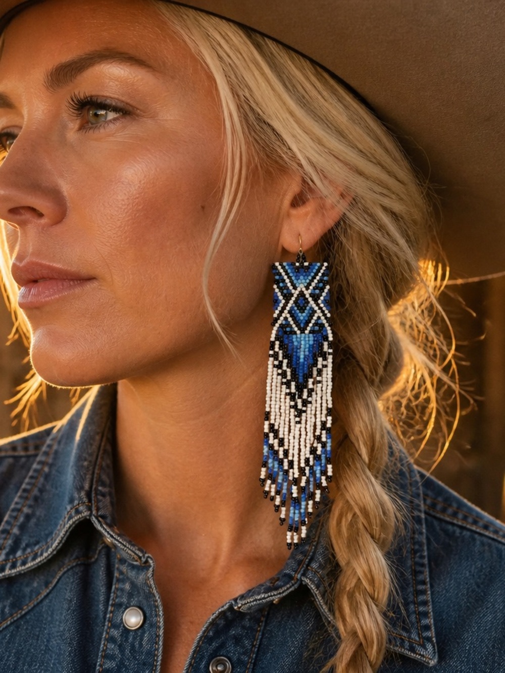 Western Blue Fringe Earrings Boho Tribal Cowgirl Beaded Statement Tassel New